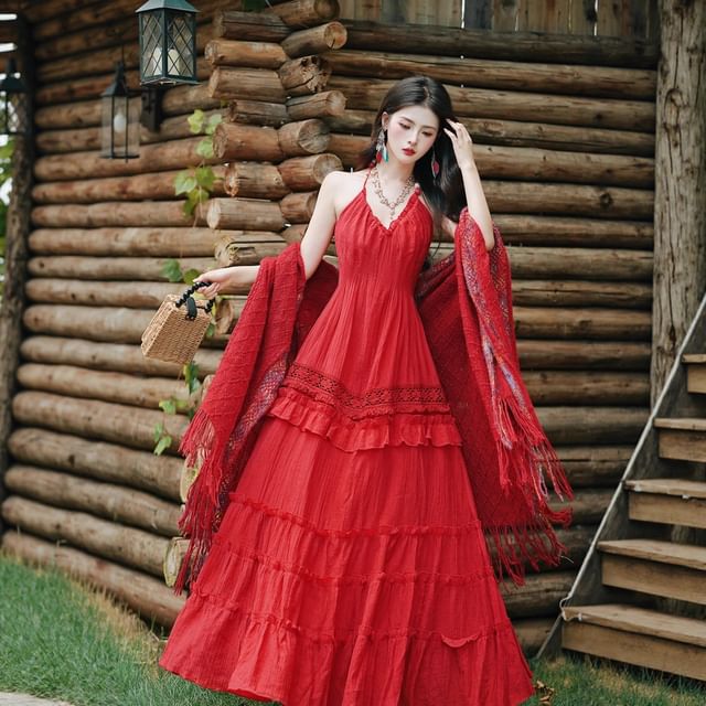 Halter Plain Tiered Ruffle Panel Maxi A-Line Dress / Fringe Scarf / Set