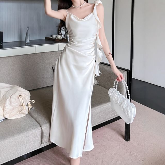Spaghetti Strap Cowl Neck Plain Slit Midi A-Line Dress