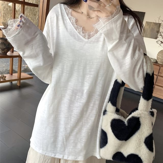 V-Neck Lace Trim T-Shirt and Pointelle Cardigan