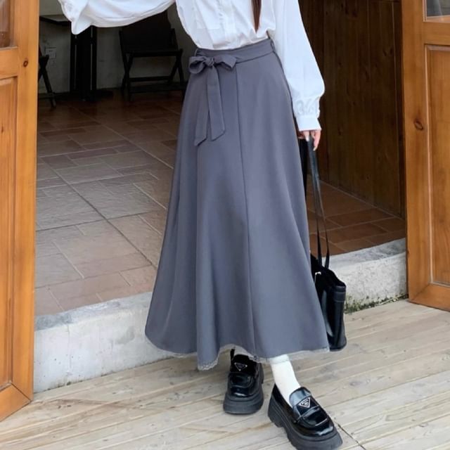 Lace Trim Shirt and Sashed Midi A-Line Skirt