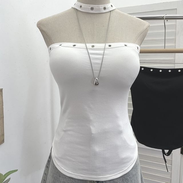 Slim-Cut Open-Back Lace-Up Halter Top with Grommet Detail