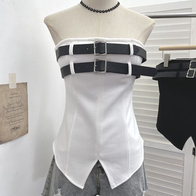 Fitted Tube Top with Slit and Buckle Accents