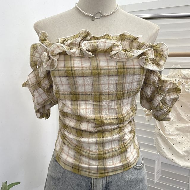 Slim-Fit Ruched Blouse with Ruffle Trim Off-The-Shoulder