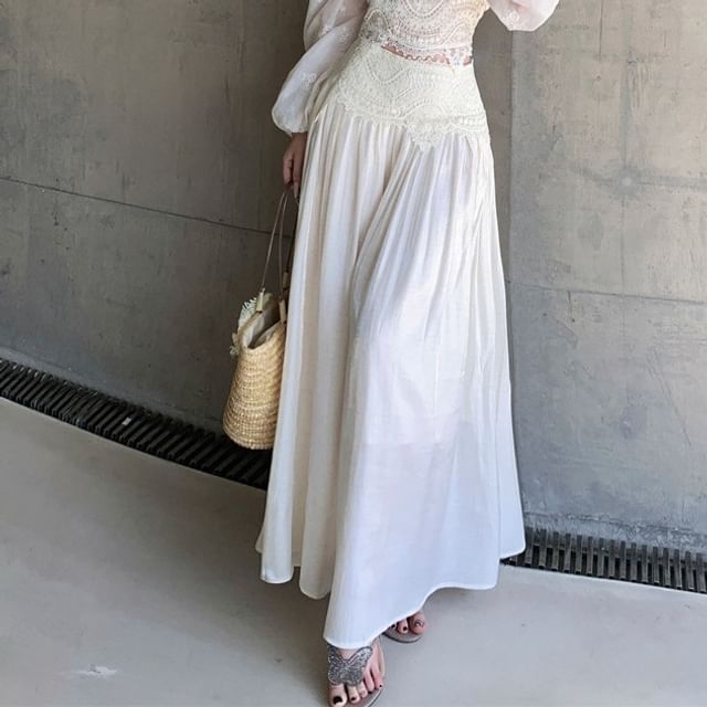V-Neck Lace Panel Cropped Blouse and Maxi A-Line Skirt