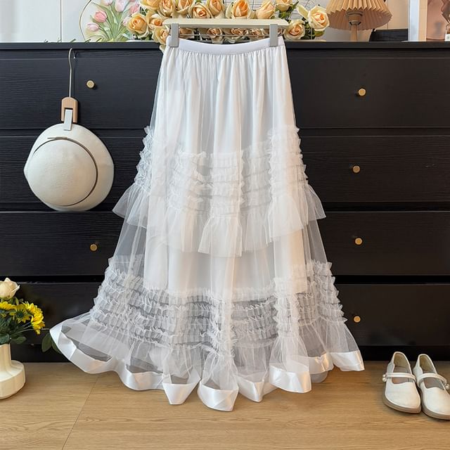 High Rise Frill Trim Mesh Maxi A-Line Skirt