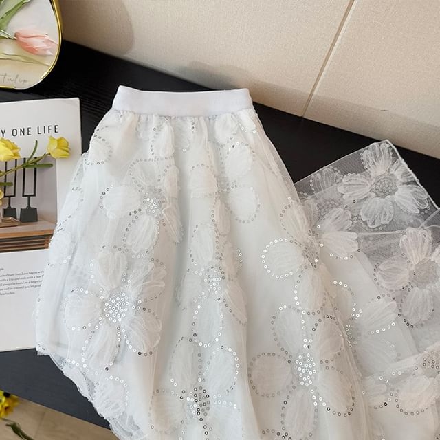 High Rise Floral Sequin Mesh Midi A-Line Skirt