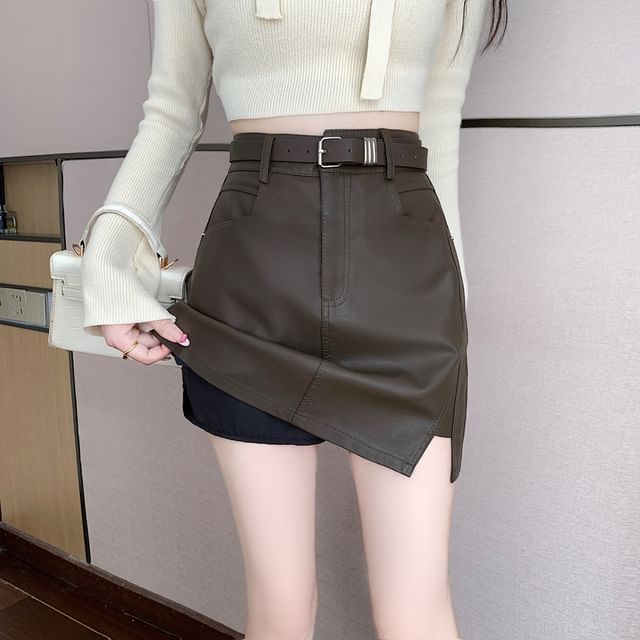 High Rise Faux Leather Mini A-Line Skirt with Slit