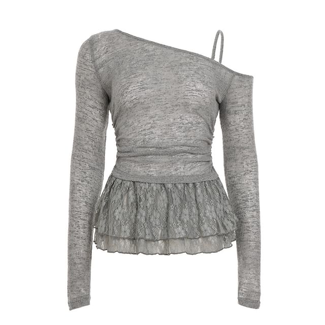 Ruched Off-Shoulder Long-Sleeved Solid Light Knit Top with Lace Panel