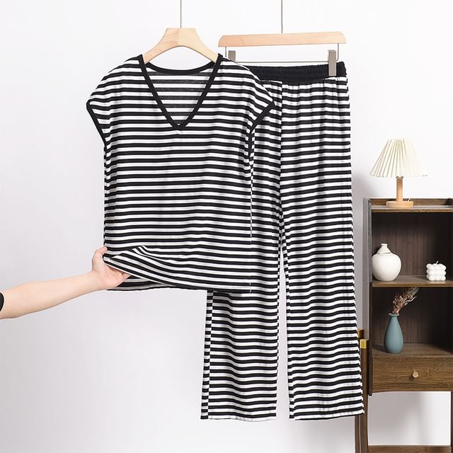 Striped V-Neck Tank and Wide-Leg Trousers Set