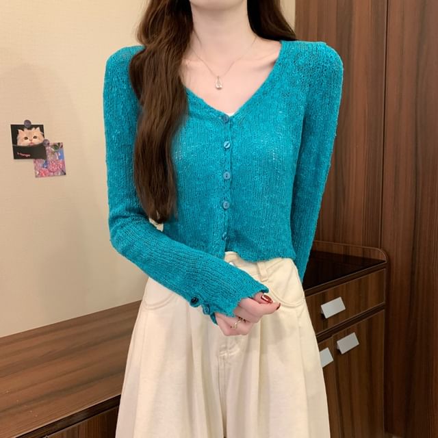 Sheer Cropped Button-Front Cardigan with V-Neckline