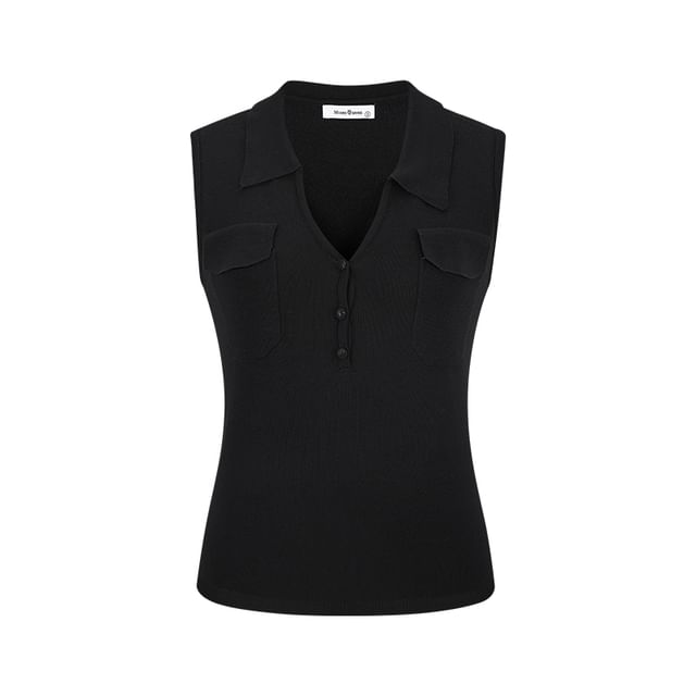 Collared Sleeveless Solid Knit Shirt