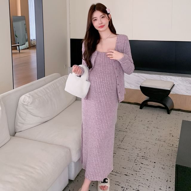 Maternity Set: Spaghetti Strap Melange Ribbed Midi Straight Dress + Round Neck Cardigan