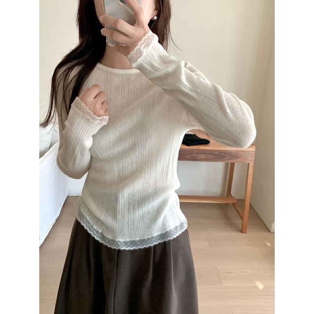 Crew Neck Knit Top with Lace Trim and Long Sleeves
