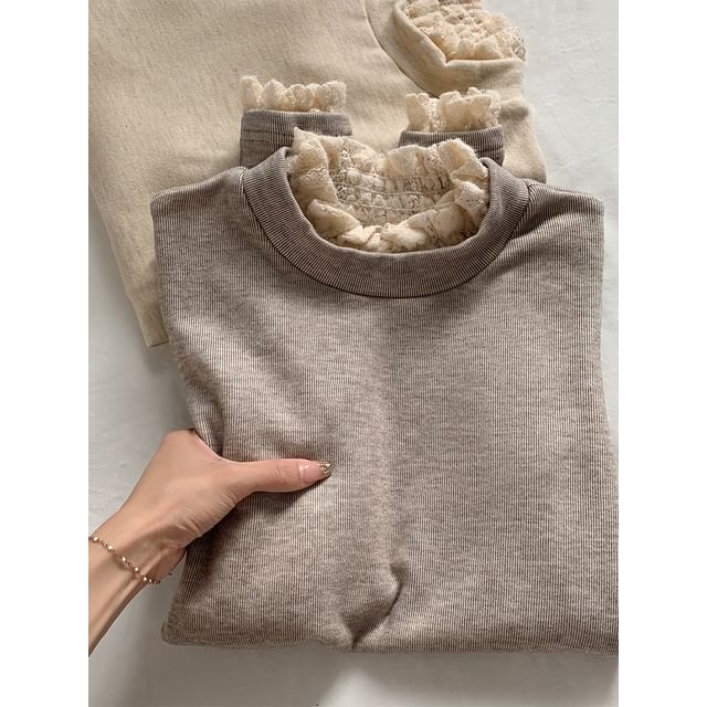 Slim-Fit Long-Sleeved Solid Top with Ruffled Trim