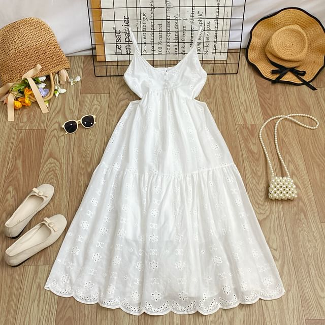 Spaghetti Strap Midi A-Line Eyelet Lace Dress