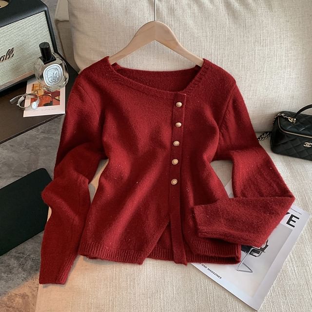 Button-Detail Sweater with Asymmetrical Neckline in Solid Color Style