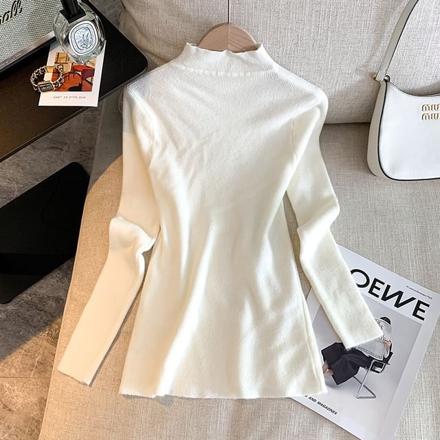 Ribbed Knit Top with Button Detail Mock Neck and Long Sleeves