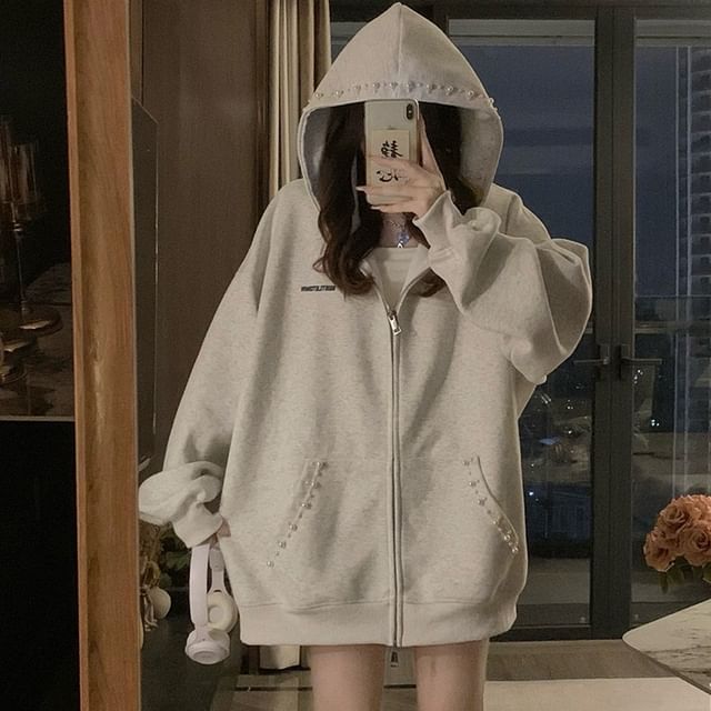 Beaded Faux Pearl Hoodie with Zip Front in Solid Color Style