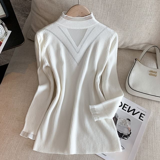 Ribbed Knit Top with Mock Neck Rhinestone Mesh Panel and Long Sleeves