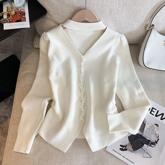 Cutout Faux-Pearl Mock-Neck Long-Sleeved Solid Knit Top