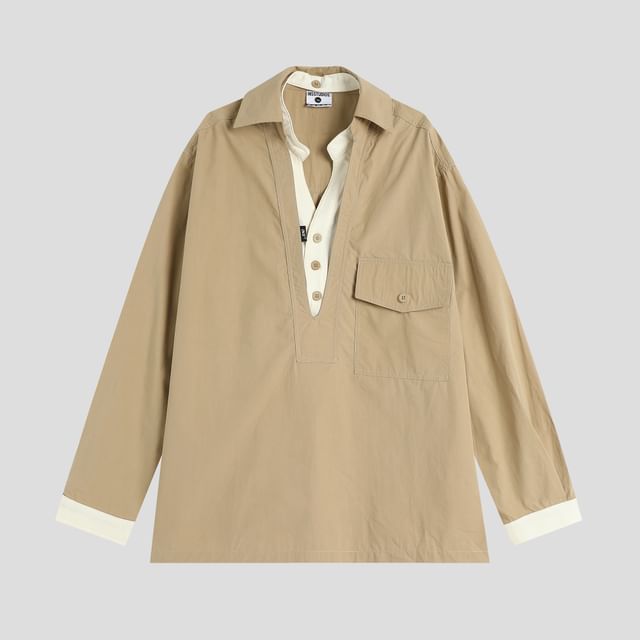 Unisex Loose V-Neck Shirt with Mock Two-Piece Design