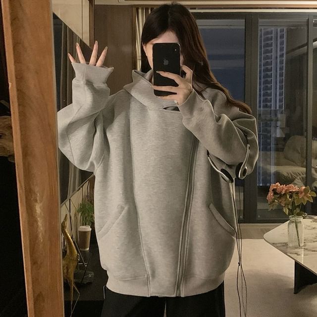 Zip-Up Hoodie with Panel Design in Solid Color Style