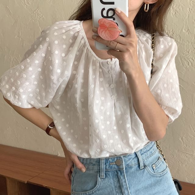 Dotted Notched-Collar Blouse with Short Sleeves and Polka Pattern