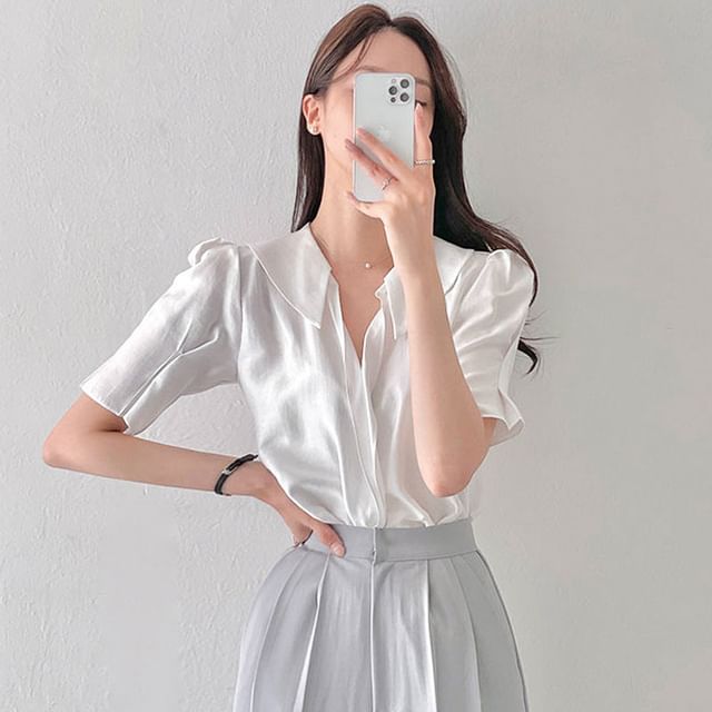 Satin Short-Sleeve Shirt in Solid Color Button-Down Style