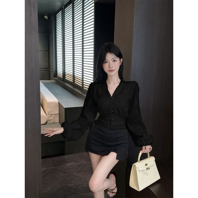Button-Up Cropped Blouse with Jacquard Lace Trim V-Neckline and Long Sleeves