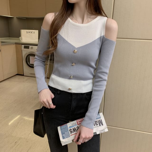 Two-Tone Mock Two-Piece Cold-Shoulder Long-Sleeved Knit Top