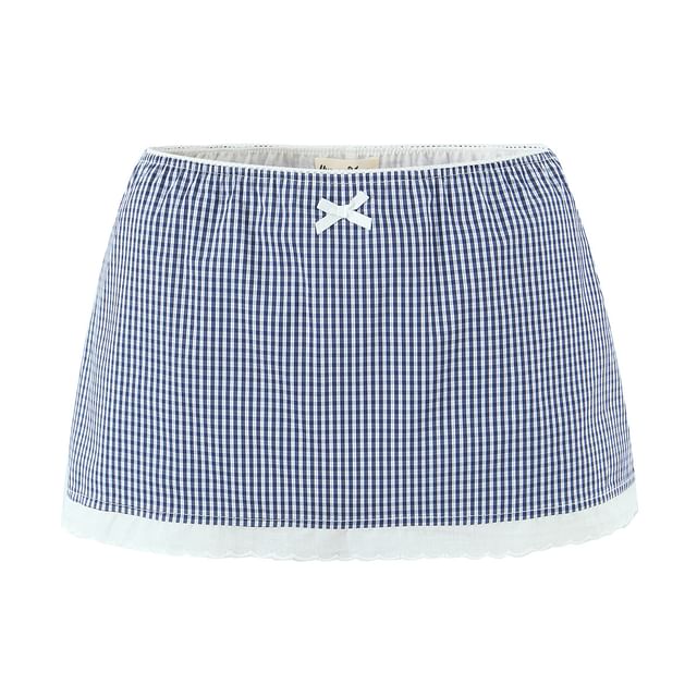 Gingham Puff-Sleeve Blouse with Lace Trim Button Front / Mini Pencil Skirt Mid Waist