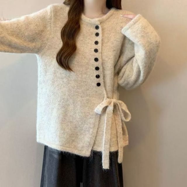 Crew Neck Tie Waist Button-Up Cardigan