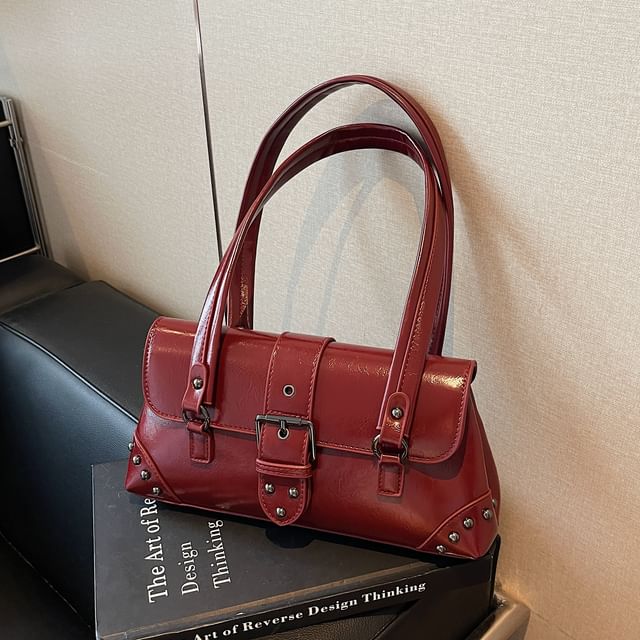 Studded Buckled Faux Leather Shoulder Bag