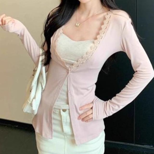 Lace Trim Cardigan and Slim Fit Cami Top