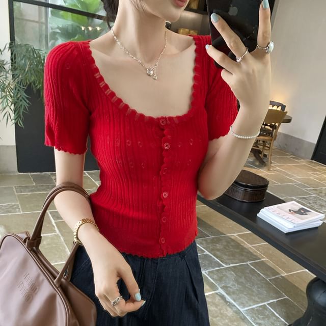 Scoop Neck Short Sleeve Pointelle Knit Cardigan