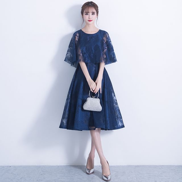 Cape Round Neck Lace Panel A-Line Cocktail Dress