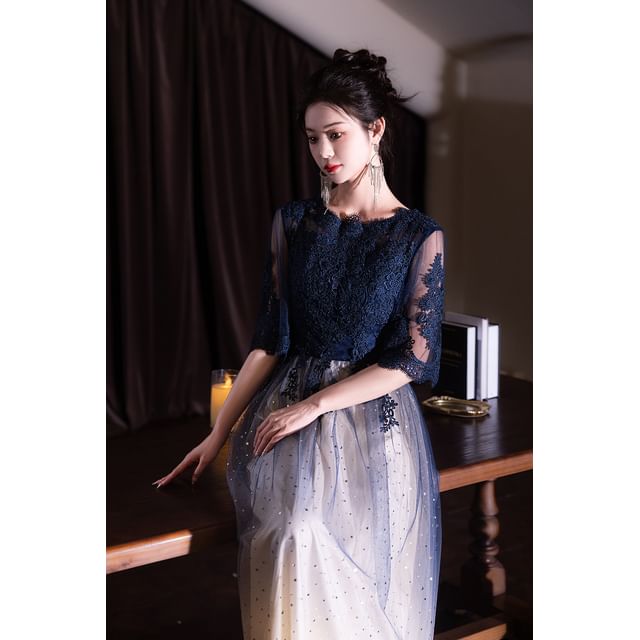 Short-Sleeve Round Neck Lace Panel Gradient Evening Gown / Cocktail Dress (Various Designs)
