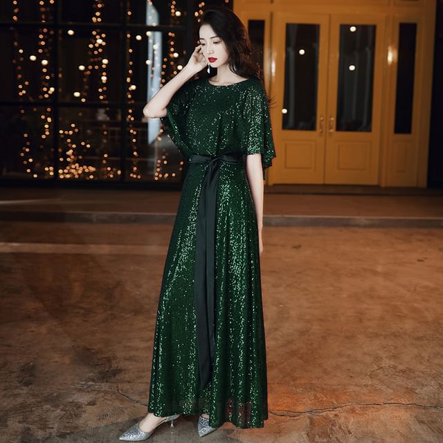 Elbow-Sleeve Evening Gown Round A-Line Glitter Neck