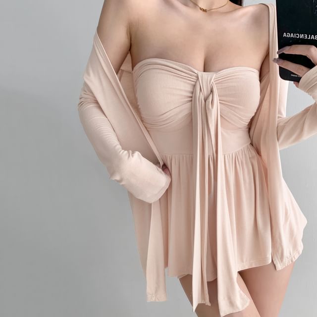 Ruched Padded Tube Top and Open Front Cardigan Set