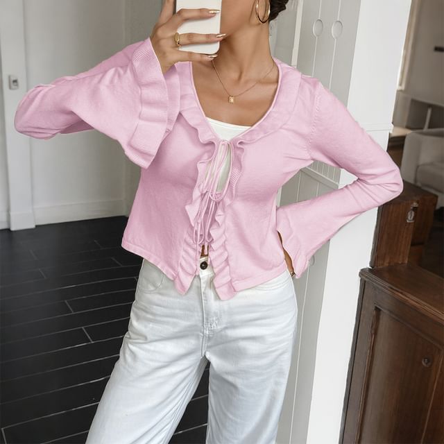 Long Sleeve V-Neck Ruffle-Trim Plain Light Cardigan