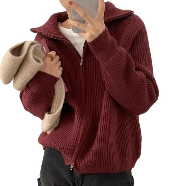 Zip-Up Plain Cardigan