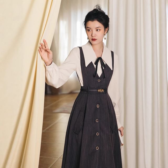 Set: Long-Sleeve Collared Plain Blouse + V-Neck Button-Up Midi A-Line Pinafore Dress + Bow Brooch + Belt