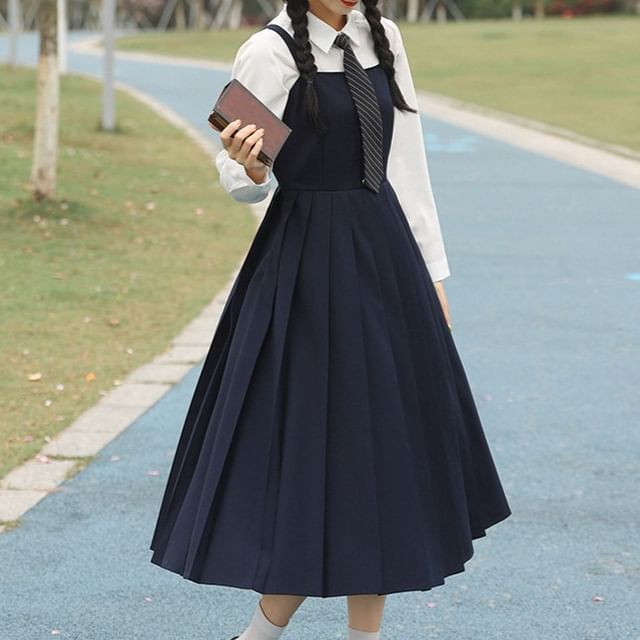 Notch Lapel Embroidered Double-Breasted Crop Blazer / Plain Pleated Midi A-Line Pinafore Dress / Long-Sleeve Shirt / Set