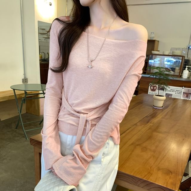 Off-Shoulder Solid Tee with Long Sleeves
