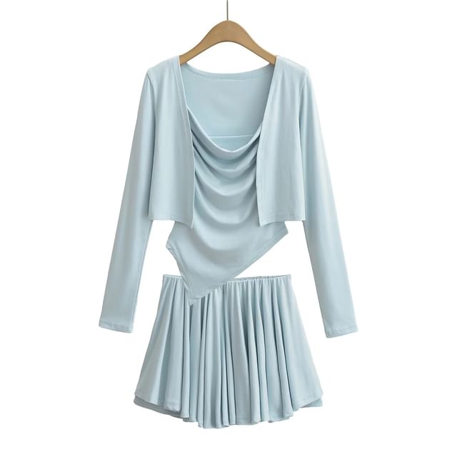 Open Front Crop Cardigan with Cowl Neck Camisole and Mini A-Line Skirt Set