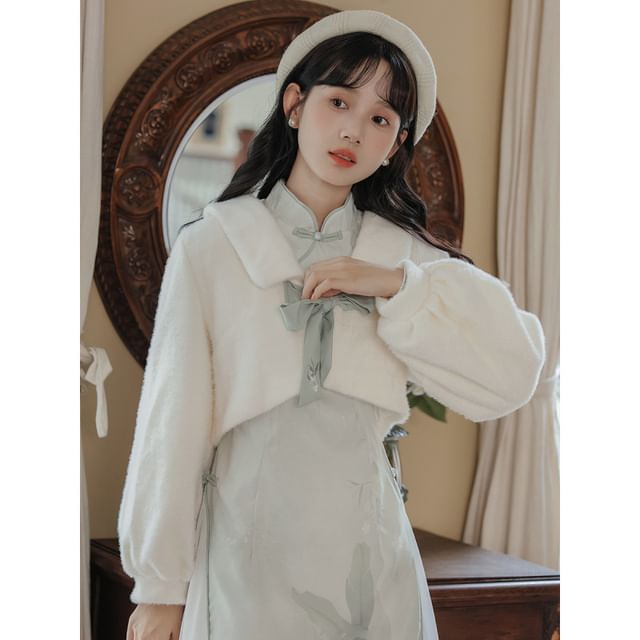 Long Sleeve Mandarin Collar Floral Print Panel Midi A-Line Dress / Collared Plain Fluffy Crop Tie Front Jacket