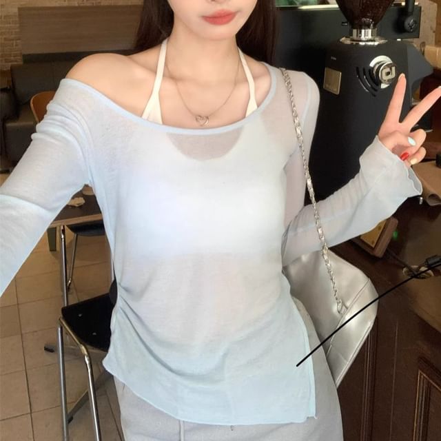 Sheer Asymmetric Tee with Scoop Neckline and Long Sleeves