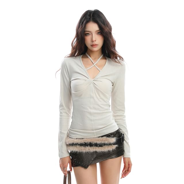 Slim-Fit Criss Cross Halter Tee with Long Sleeves