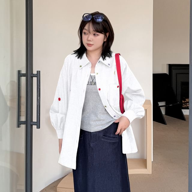 Plus Size Long-Sleeve Button Accent Pocket Detail Oversized Shirt