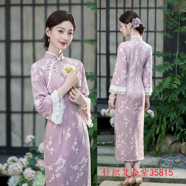 Long-Sleeve Floral Midi Qipao